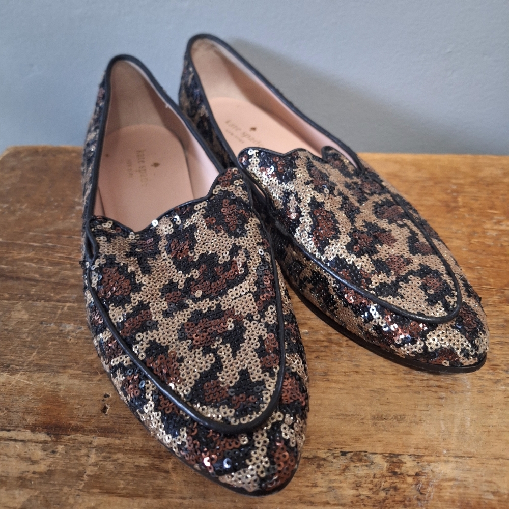 Kate Spade NY fully sequined cat animal print cat face flat loafers shoes 8.5